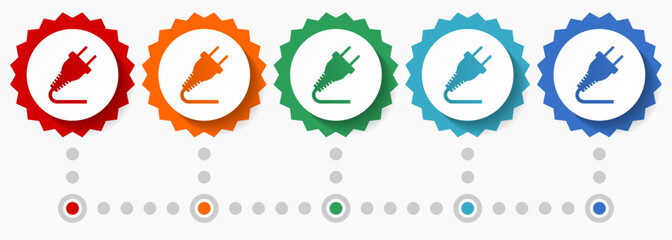 Electricity, plug vector icon set, colorful infographic template, set of flat design badge icons in 5 color options