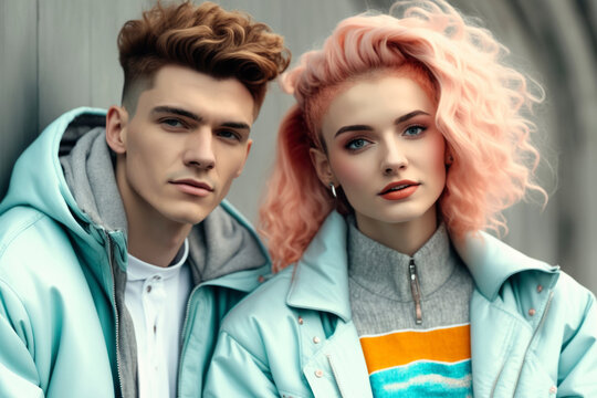 Generative AI image of pensive young couple with dyed hair and in jackets looking at camera while standing against modern blurred building