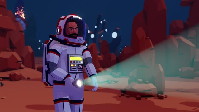 Astronaut with a flashlight walking on an alien planet. Spaceman in spacesuit. Front view. 3D animation, low-poly style