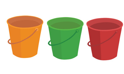 Colorful plastic bucket vector set. Water container icon.  Bucket clipart, water container flat vector in cartoon style isolated on white background. 