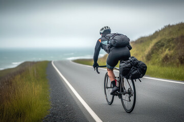 Obraz premium cyclist athlete rides on an empty road on a road bike generative ai