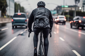 cyclist rides on the road carriageway for cars generative ai - obrazy, fototapety, plakaty