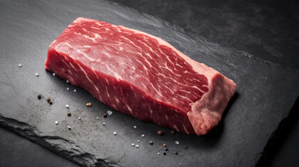 Fototapeta na wymiar A Freshly Cut Wagyu Beef on a Black Stone Slate