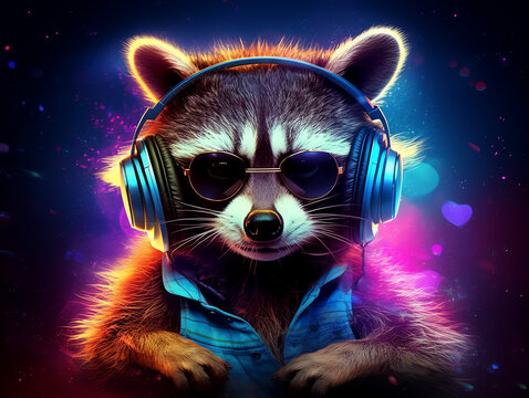 Music dj raccoon with sunglasses and headphones - Colorful neon background - Generative AI