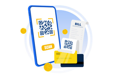 Vector flat render smartphone scans QR code from paper bill invoice with mobile app banner design. In-app billing service in isometric vector illustrations