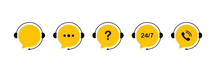 Customer support service. Online support service with headphones. Headphones with microphone and chat speech bubble. Hotline support service. Call center symbols. Vector illustration