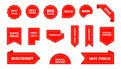 Realistic red price tags collection. Promotional sale badge with text. Special offer or shopping discount label. Vector set of adhesive stickers with a folded edges. Vector illustration