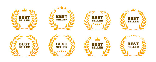 Set of best seller icon design with wreath laurel. Best seller badge logo design. Gold logo design with wreath laurel. Symbol of victory, achievement, honor, quality product, or success