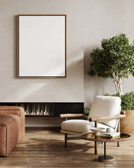 Mock up poster frame in contemporary interior background with beige wall, armchair and plant, 3D render illustration