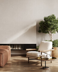 Modern living room interior in beige tones with sofa, armchair, and coffee table, 3d render © Oleksandr