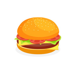 Vector hamburger. Burger with cheese, tomatoes, chop, lettuce etc. Fast food or junkfood meal. Illustration for menu design isolated on white background.