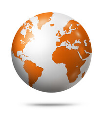 Orange earth globe isolated on white background