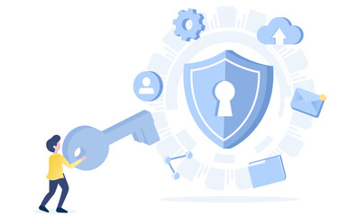 Safety and security technology concept. A person holding a big key to access data information, personal detail, email, document, or other important files. Flat vector illustration with copy space.