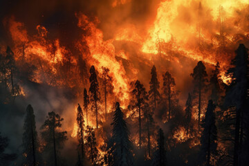 Intense forest fire, crackling flames, towering inferno. Generative AI.
