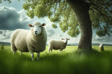 Fototapeta premium Sheeps grazing on a green summer meadow. Sheep graze on field. Sheep farm. Generative AI.