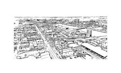 Building view with landmark of Rockford is a city in northern Illinois. Hand drawn sketch illustration in vector.