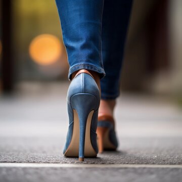 Close-up of woman's feet in high heel shoes and jeans. AI