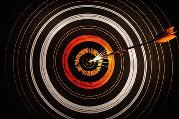 Archery target with orange center with arrow striking bullseye, on dark background