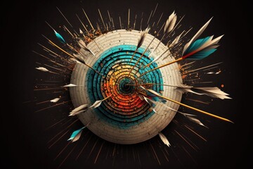 Archery target with arrows that hit their targets and fly into slivers in different directions, on a black background