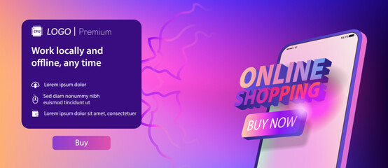 Horizontal banner online shopping and buy button on the mobile phone screen