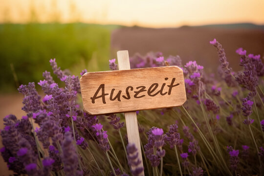 Holzschild im Lavendelfeld mit der Aufschrift Auszeit - Erstellt mit generativer KI