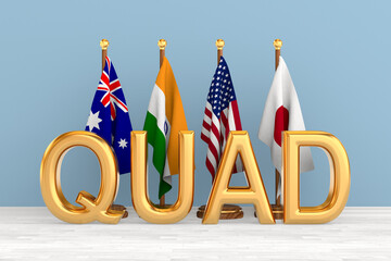 Set flags QUAD in room. 3D illustration © Sergey Ilin