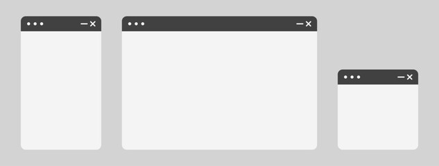 Web Browser, App Frame Mockup. Grey, white, black OS search window template. Website page (Full Vector)