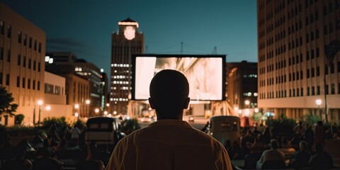 Obraz premium Person gazing at an open-air film screening, where a city building serves as the backdrop for a classic summer movie night, concept of Community engagement, created with Generative AI technology