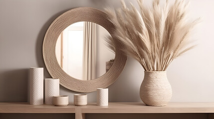 Closeup Interior design with round mirror, pampas grass in vase in natural materials. AI generative