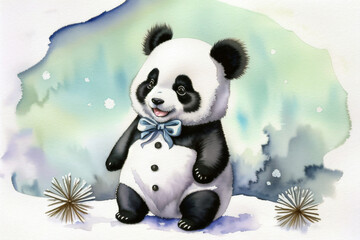 Cute giant panda baby on snow in the winter time. Animal illustration painting, generative ai. - 603752382