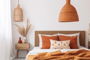 bed design interior home modern mockup orange lamp decor fall pillow. Generative AI.