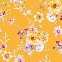 Seamless pattern with wildflowers in a watercolor style. Summer bouquet on yellow background