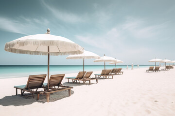 Fototapeta premium Paridisiac beach with white sand, chairs and umbrella banner.