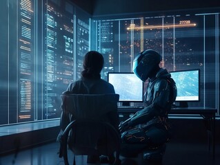 A person talking to ai.futuristic robotic technology and the two looking at stock market charts