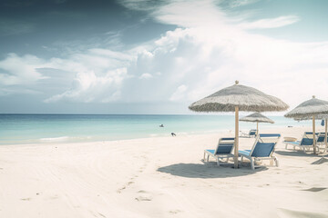 Paridisiac beach with white sand, chairs and umbrella banner.