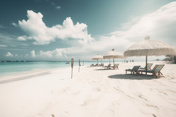 Paridisiac beach with white sand, chairs and umbrella banner.