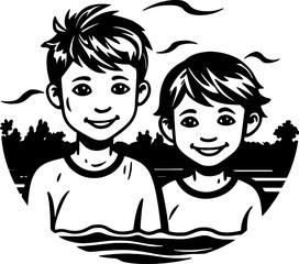 Young Boys Smiling and Swimming Together in a Lake Outside