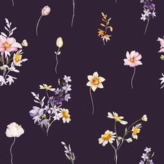 Seamless pattern with wildflowers in a watercolor style. Dark background.