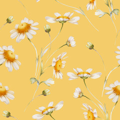 Seamless pattern with delicate daisies on a yellow background