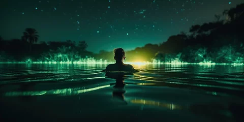 Foto op Canvas Person floating in a serene, bioluminescent lagoon, where the water comes alive with glowing organisms on a warm summer night, concept of Tranquility of Nature, created with Generative AI technology © koldunova