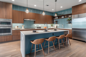 Modern colorful kitchen. Blue and brown colours majority for brown colours