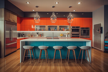 Modern colorful kitchen. Blue and redcolours majority for red colours