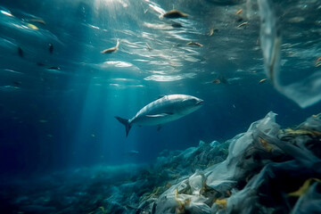 Fototapeta premium Plastic carrier bag rubbish in a waters, blue water ocean with fish floating in it. Underwater littler garbage sea pollution. Environmental problem - plastic contamination. Generative AI Technology