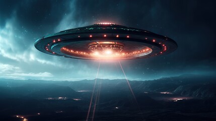 UFO flies over the city. AI generation
