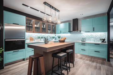 Modern colorful kitchen. Blue and brown colours majority for blue colours
