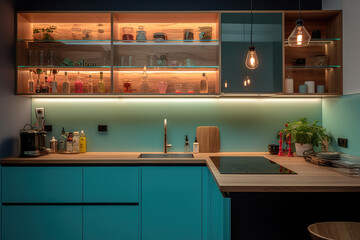 Modern colorful kitchen. Blue and orange colours majority for blue colours