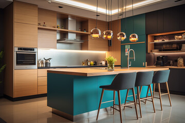 Modern colorful kitchen. Blue and brown colours majority for brown colours