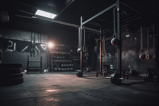 Modern crossfit room with several sports machines. 