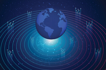 chart analysis concept. graph and world map on blue color background. World Map Technology Global Connection.

