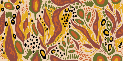 Seamless ethnic pattern with plants. Colorful modern floral pattern with abstract elements on beige background. Hand drawn collage with leaves, branches, flowers, spots, stains. Freehand illustration
